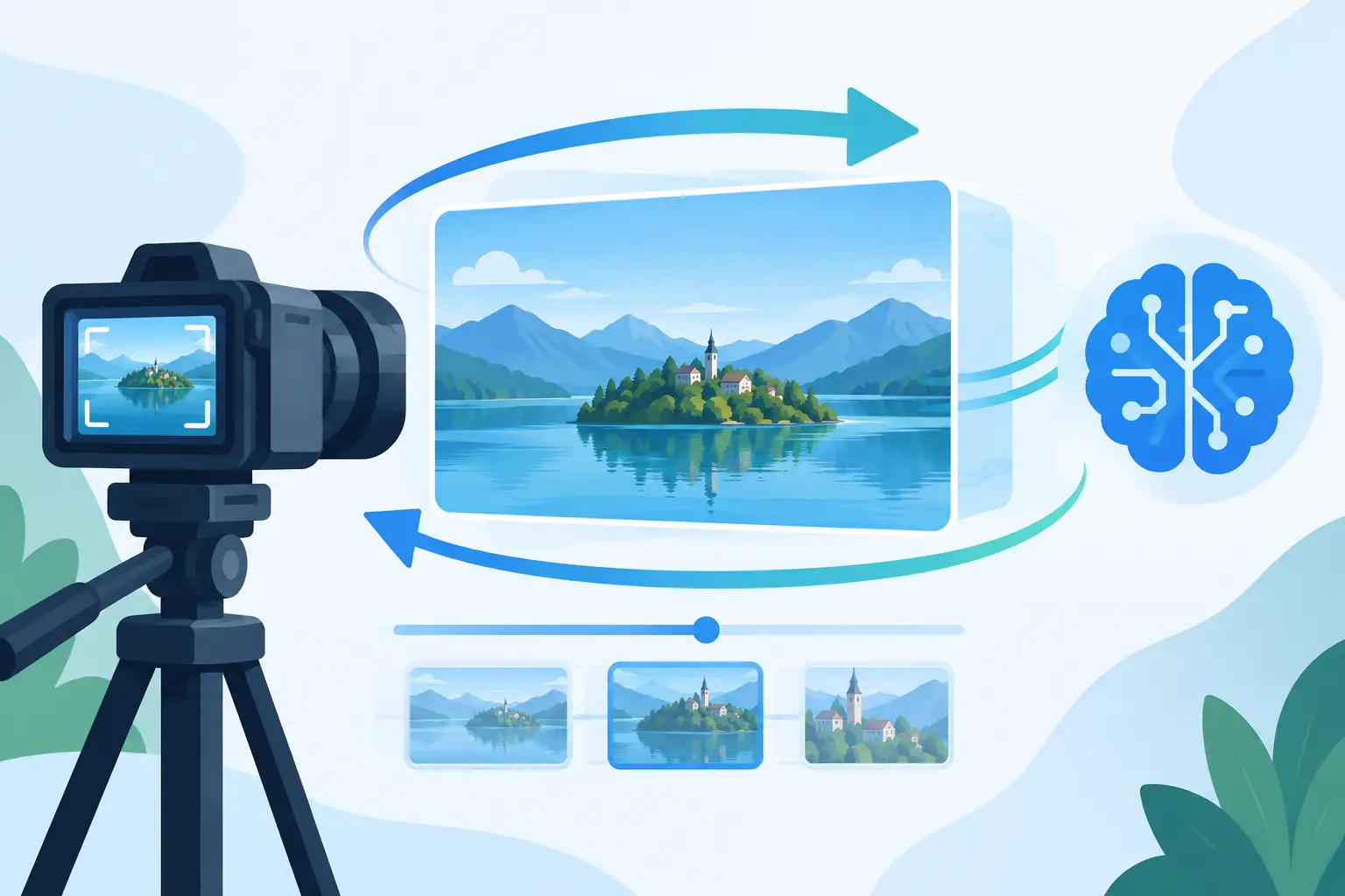 Illustration of a camera on a tripod facing a screen showing an island landscape, with arrows showing a smooth orbiting camera path and an AI brain icon on the right