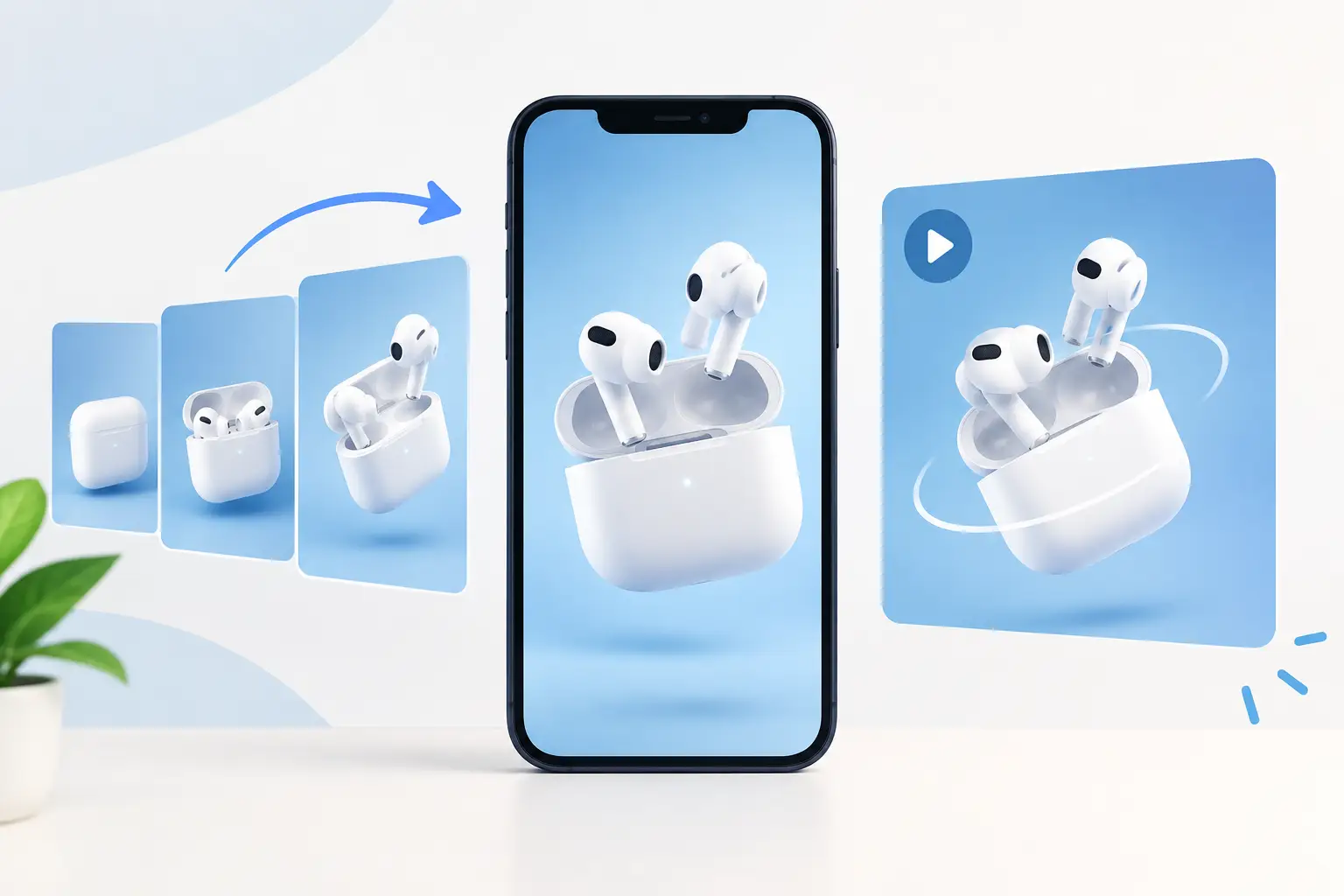 Illustration of a phone showing wireless earbuds animating out of their case, with the source product photos on the left and the finished video thumbnail on the right