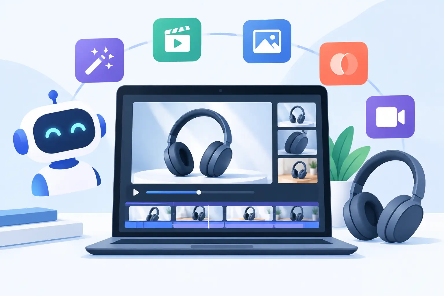 Illustration of a laptop editing an AI product video of headphones, surrounded by AI tool icons and a friendly robot