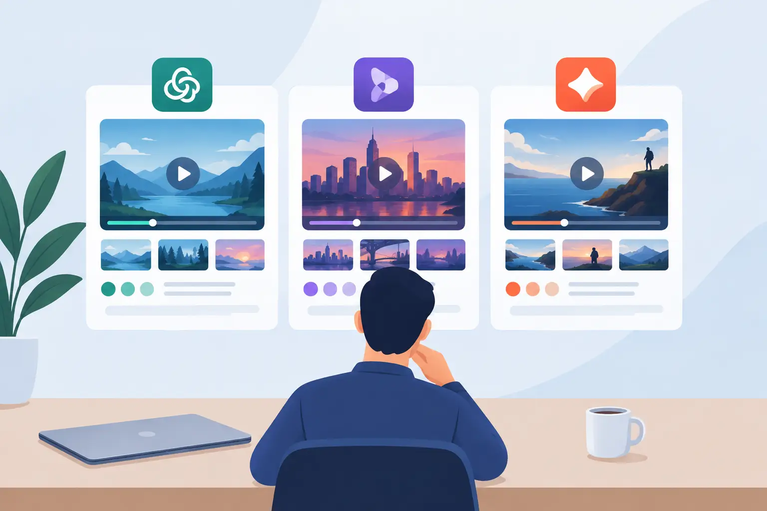Illustration of a person comparing three AI video generator results side by side on screen, each showing a different landscape clip with a play button