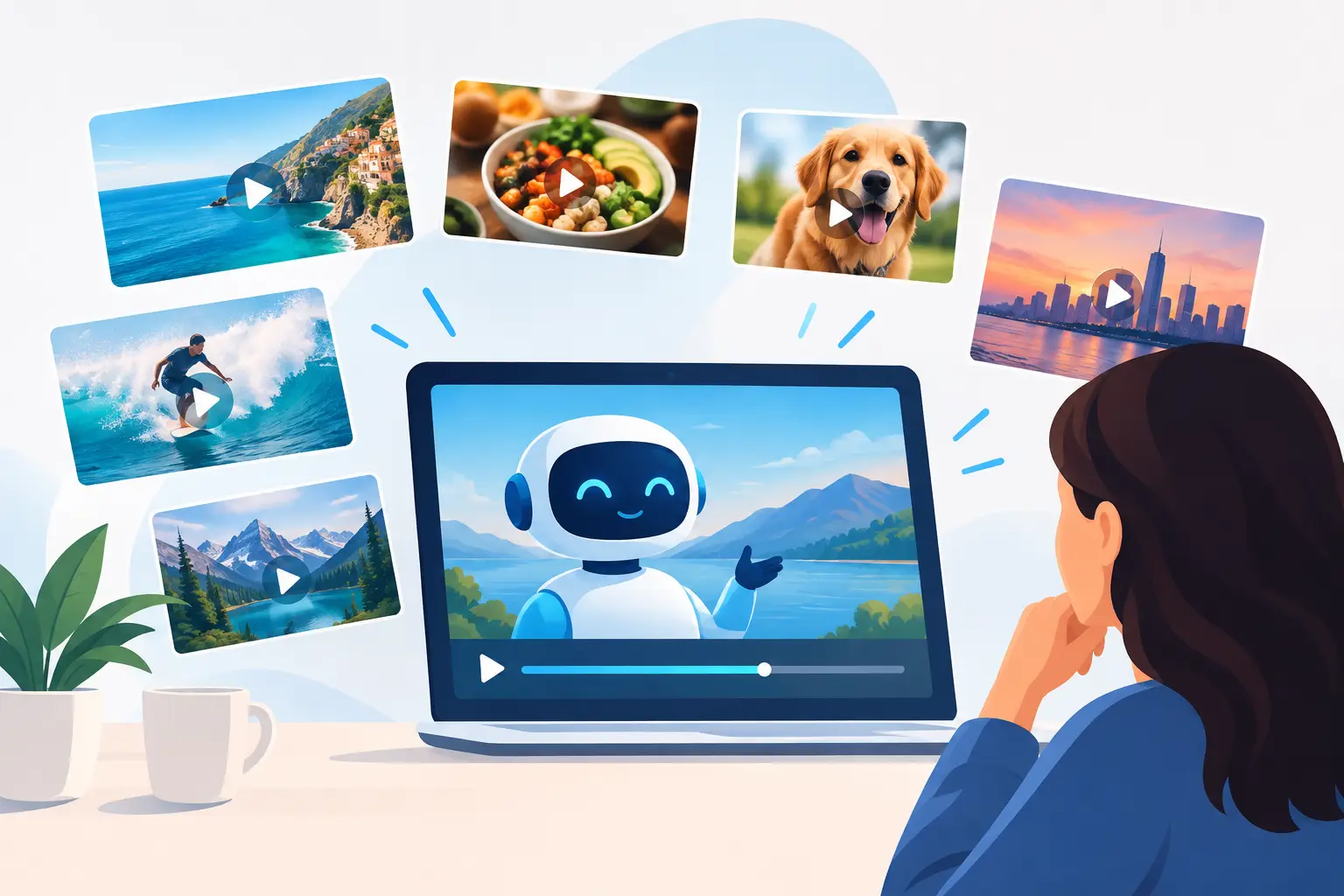 Illustration of a woman watching a laptop screen showing an AI robot assistant, surrounded by floating video thumbnails of a coastline, surfing, food, a dog, a skyline, and mountains