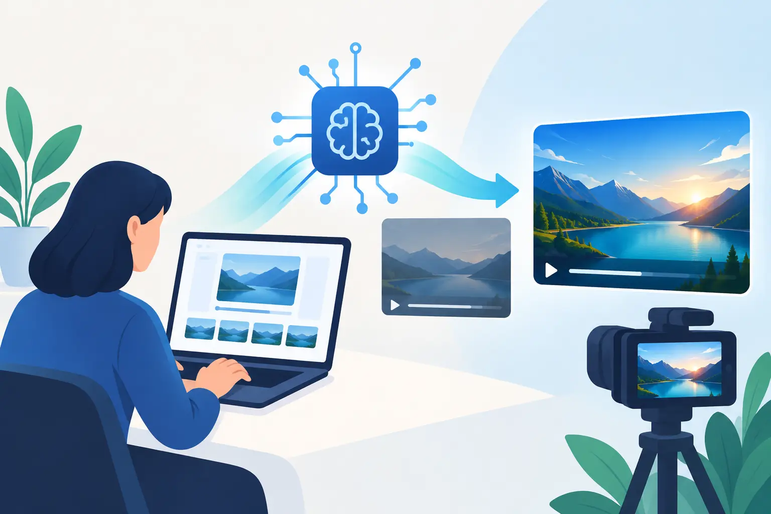 Illustration of a creator at a laptop using an AI video prompt generator to turn a still photo into a polished video clip, shown playing on a monitor and a camera viewfinder