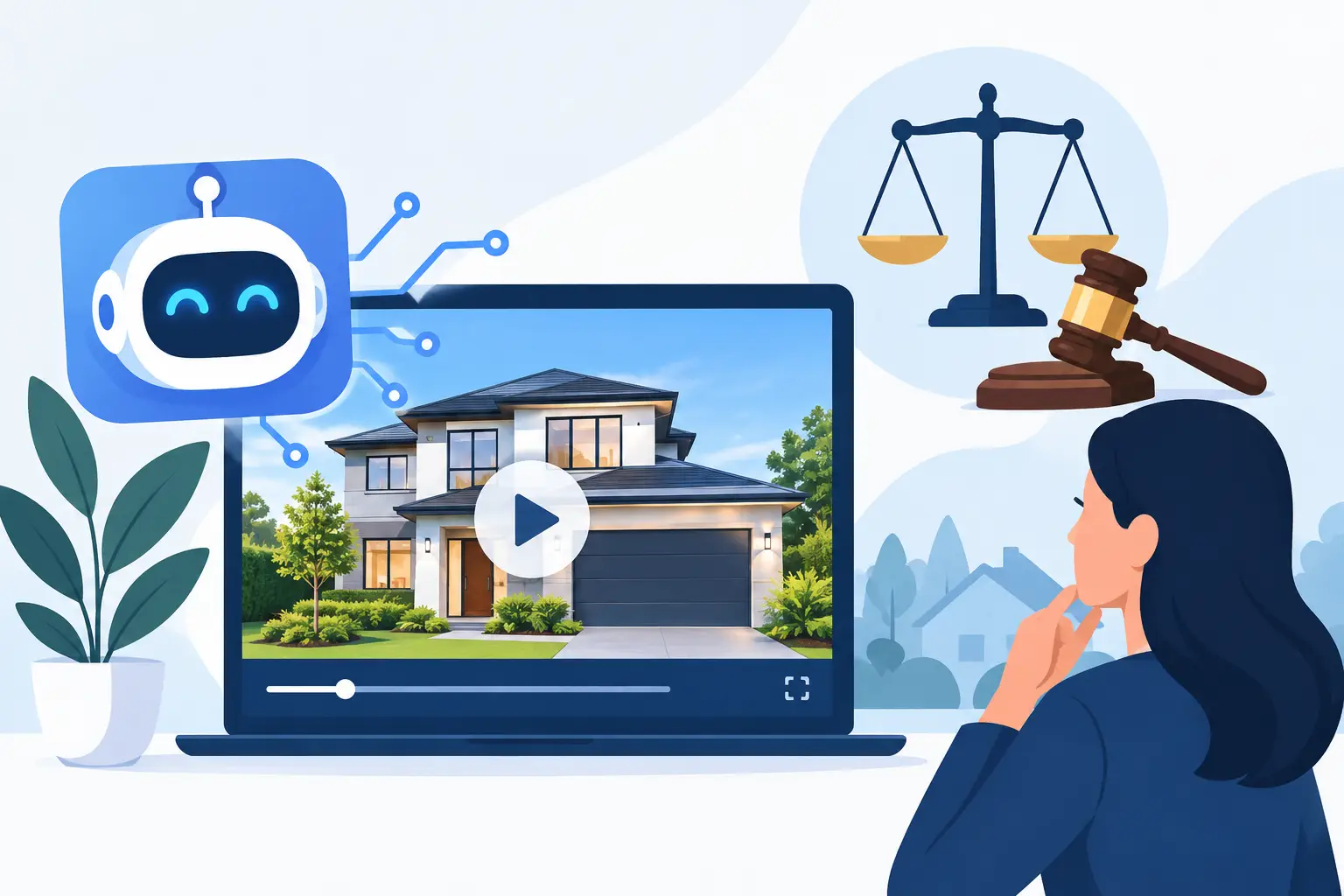 Illustration of a woman looking at an AI-generated real estate video on a laptop, with a legal scale and gavel in a thought bubble above her