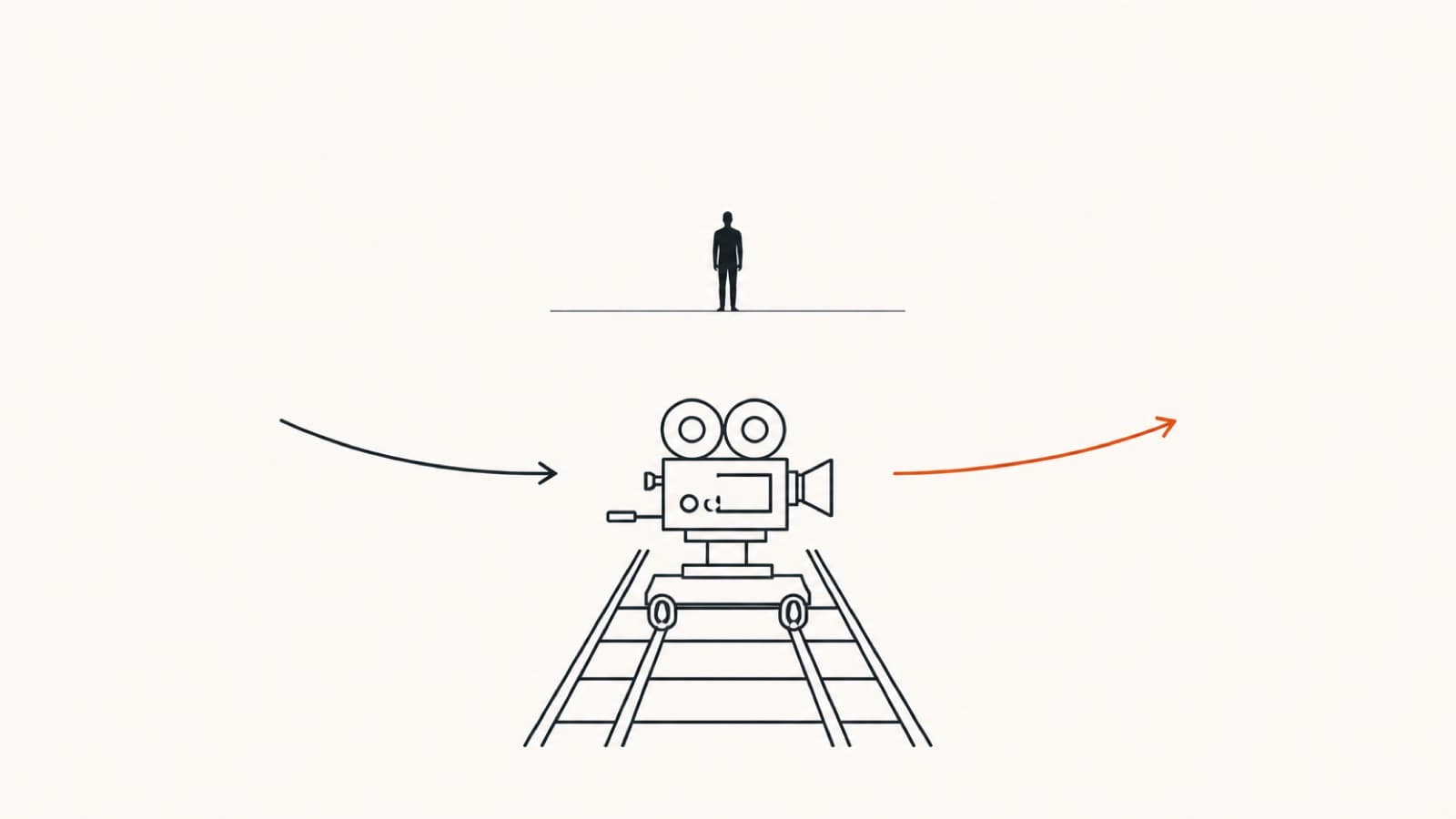 Minimalist illustration of a film camera on a dolly track with two opposing arrows showing the push-pull zoom motion, and a still human silhouette in the background