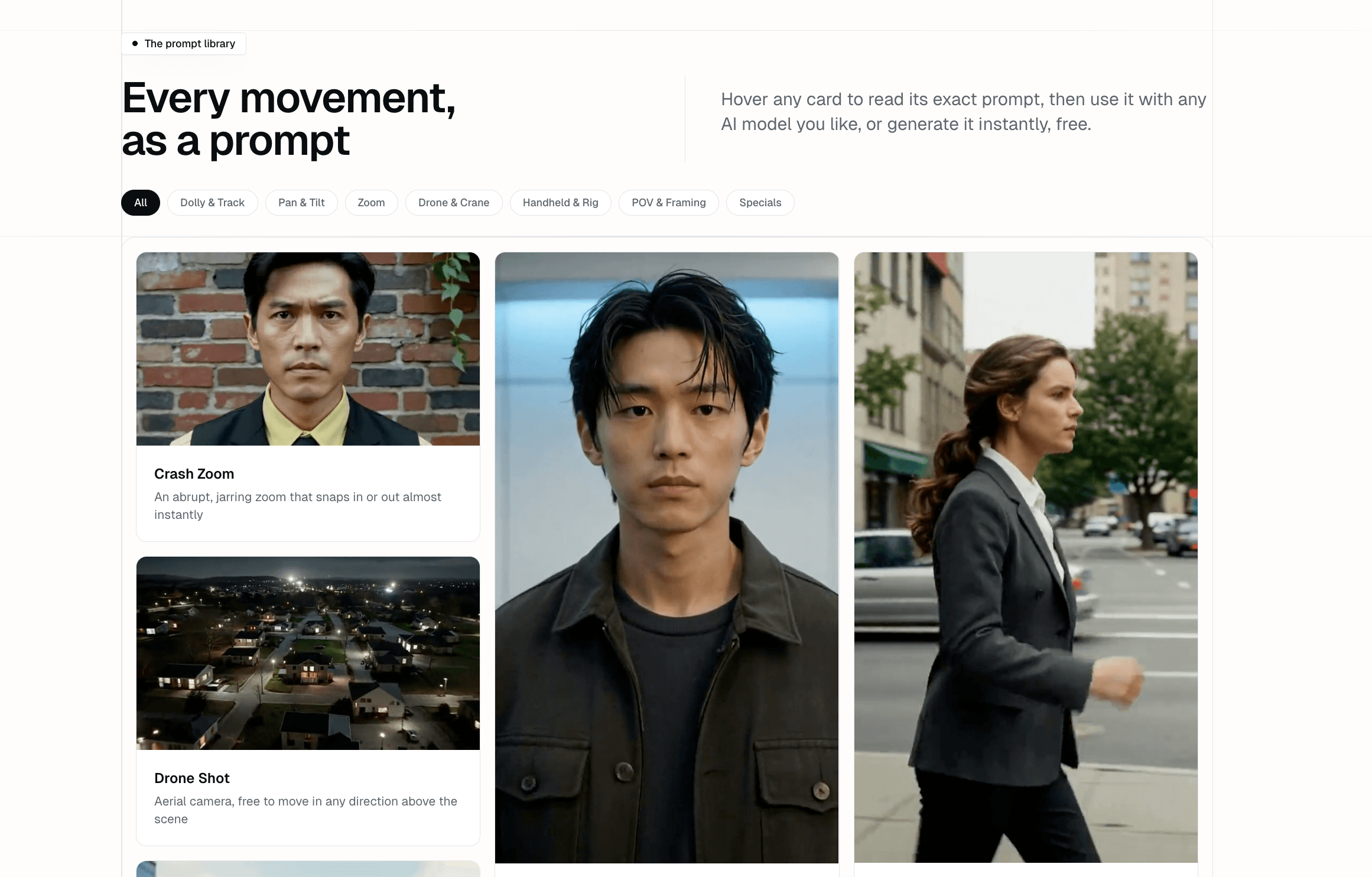 The camera movements prompt library: a grid of video demo cards (Crash Zoom, Drone Shot and more) with category filters like Dolly & Track, Pan & Tilt, and Zoom.