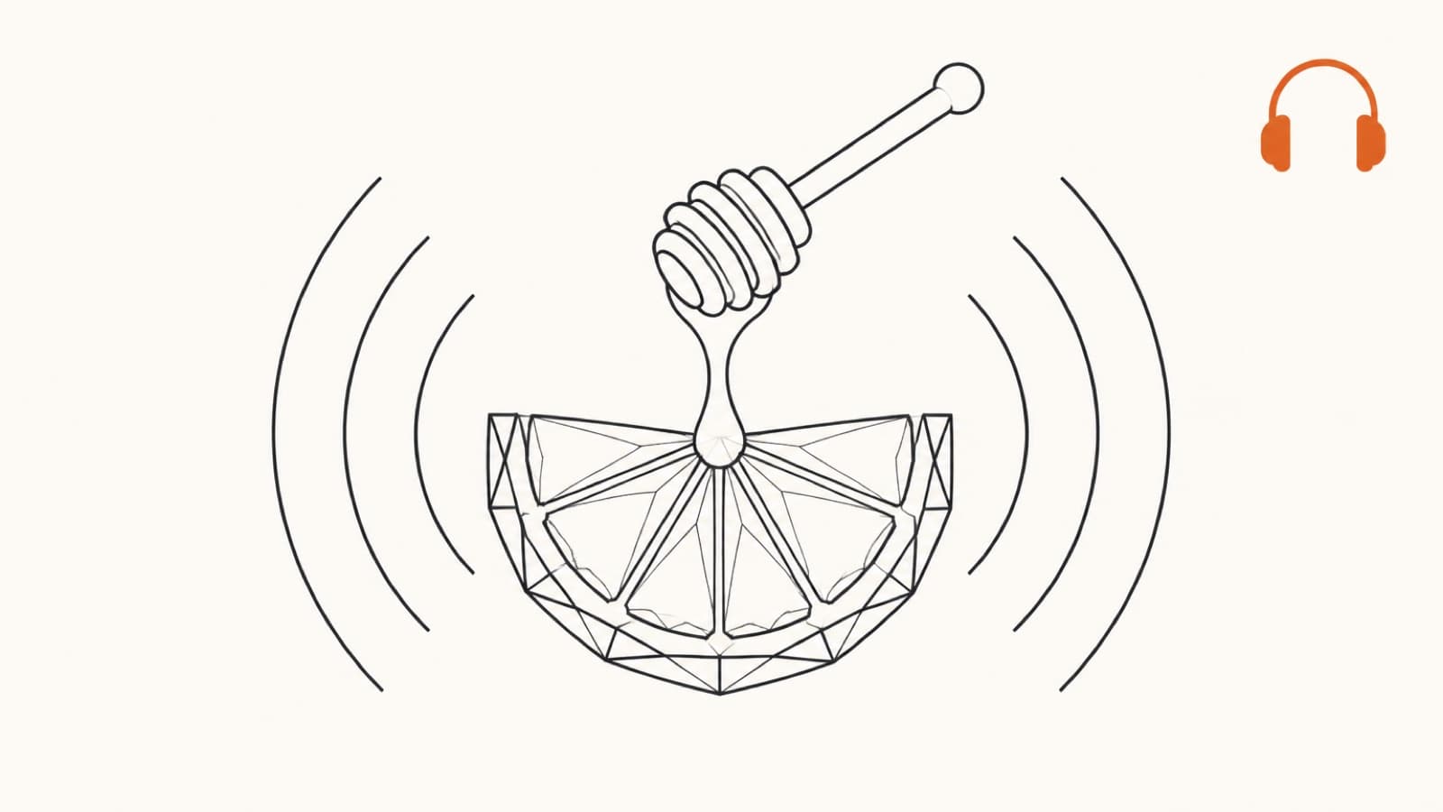 Minimalist illustration of a glass fruit slice with a honey dipper above it and sound waves radiating outward, representing AI ASMR content