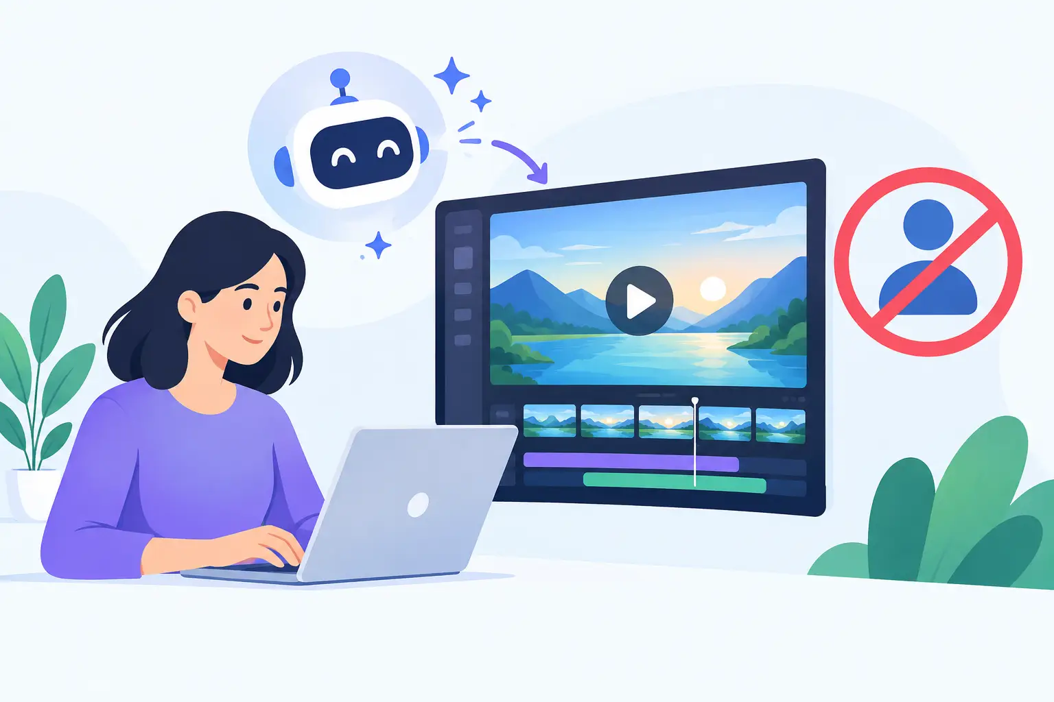 Illustration of a woman at a laptop with an AI assistant turning her idea into a video editor timeline, next to a no-signup icon showing a crossed-out person