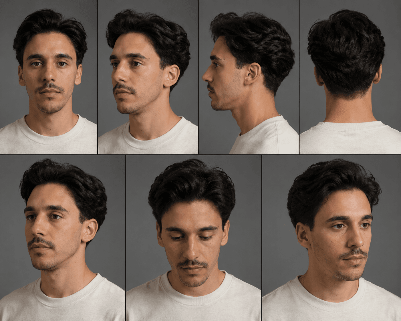 An AI-generated character sheet of a man's face from multiple angles — front, three-quarter, profile, and back.