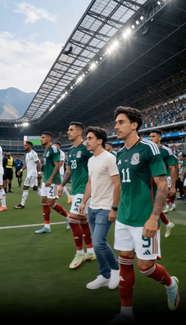 A video frame of the man walking out with players, his face subtly different and less recognisable.