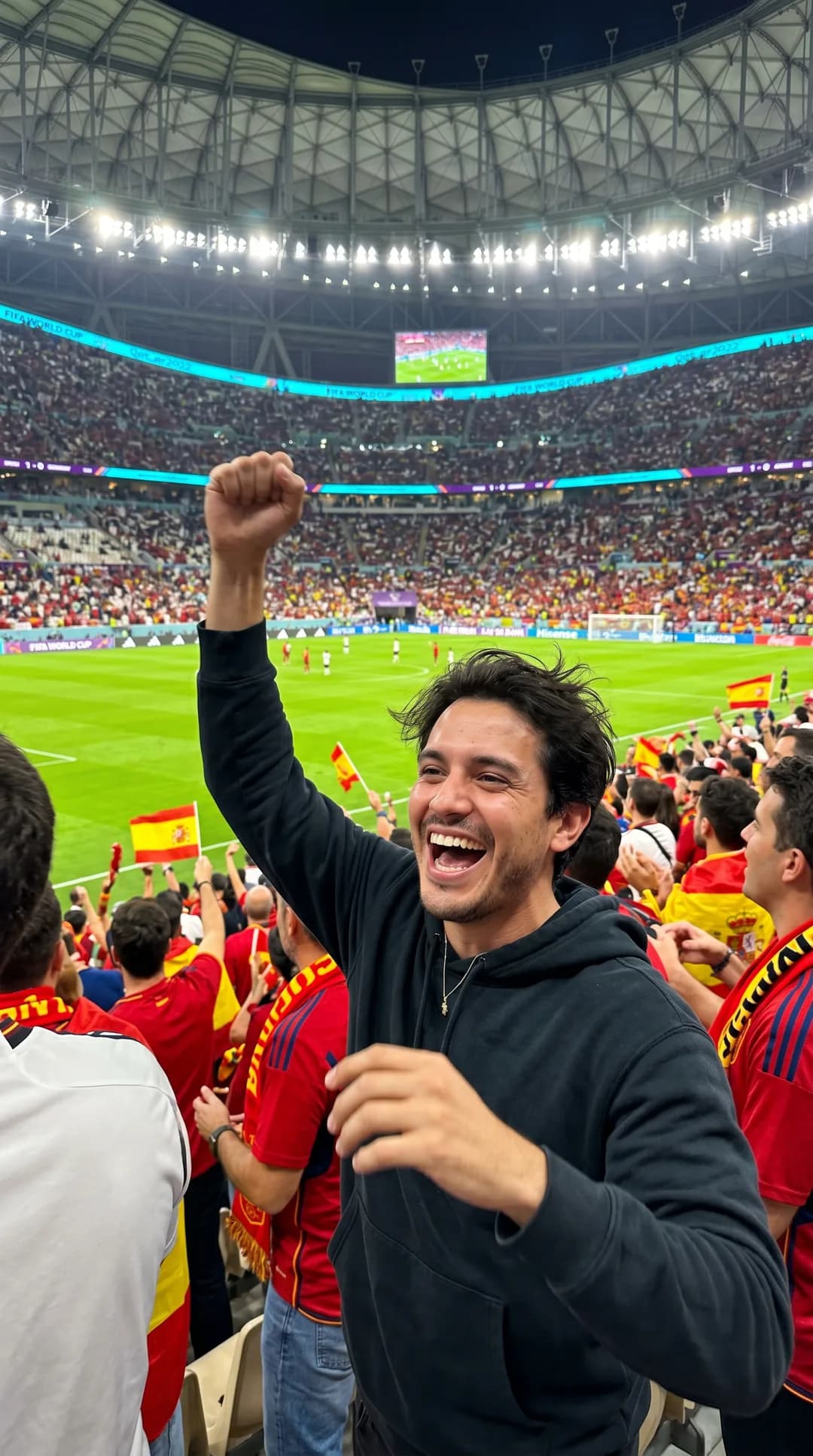 AI-generated image of a fan celebrating in the stands at a World Cup match, prompted to look like a candid iPhone photo.