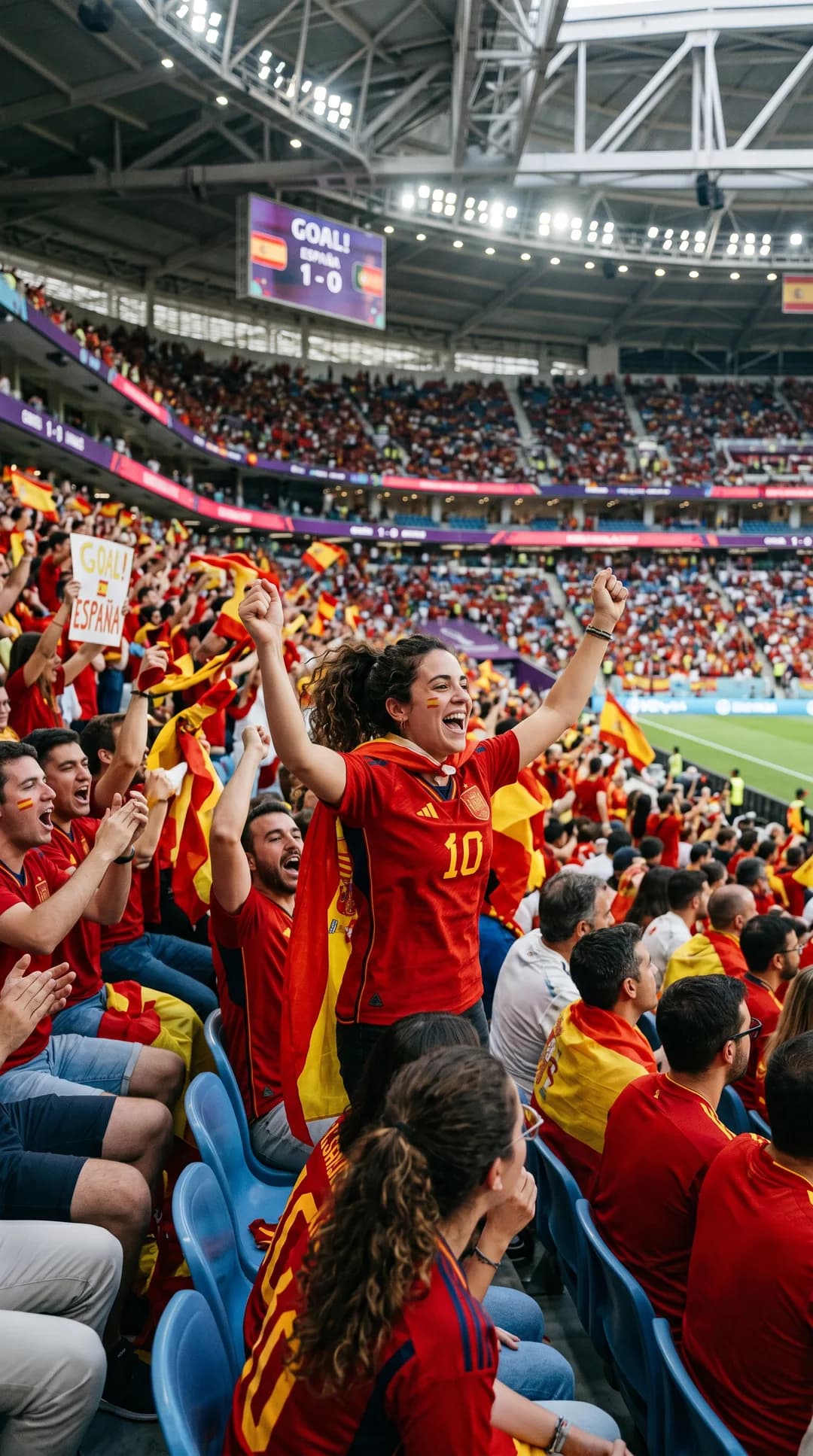 AI-generated image of a fan in a number 10 Spain jersey celebrating a goal in a packed stadium, produced from a short, vague prompt.