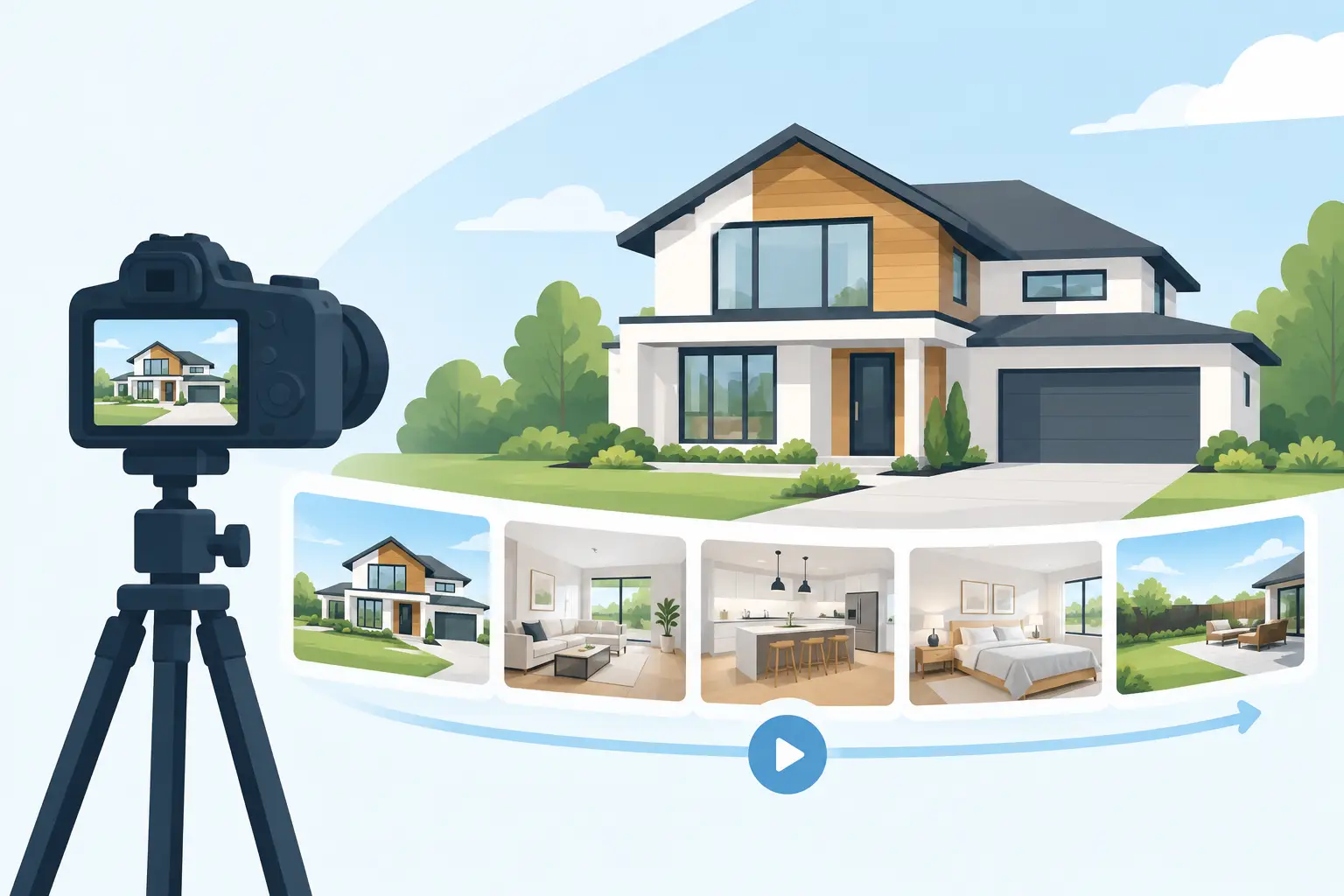 Illustration of a camera on a tripod photographing a modern house, with a filmstrip of interior and exterior shots below leading into a play button