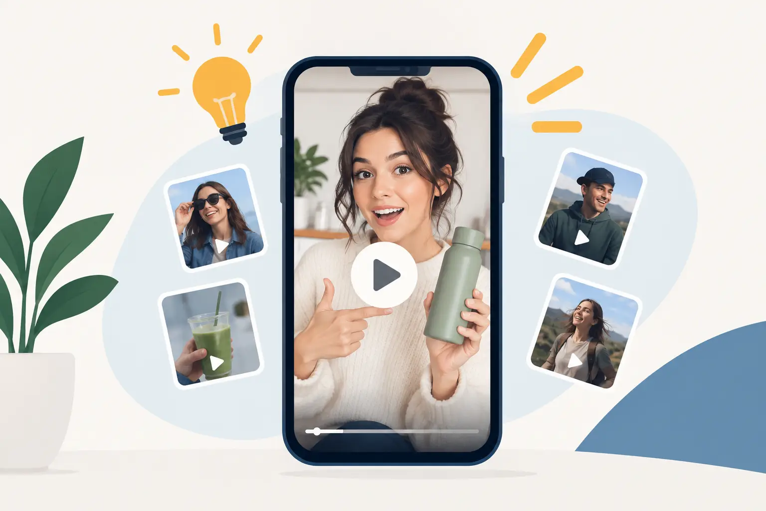 Illustration of a phone showing a creator holding up a water bottle in a UGC-style video, surrounded by thumbnails of other lifestyle UGC clips