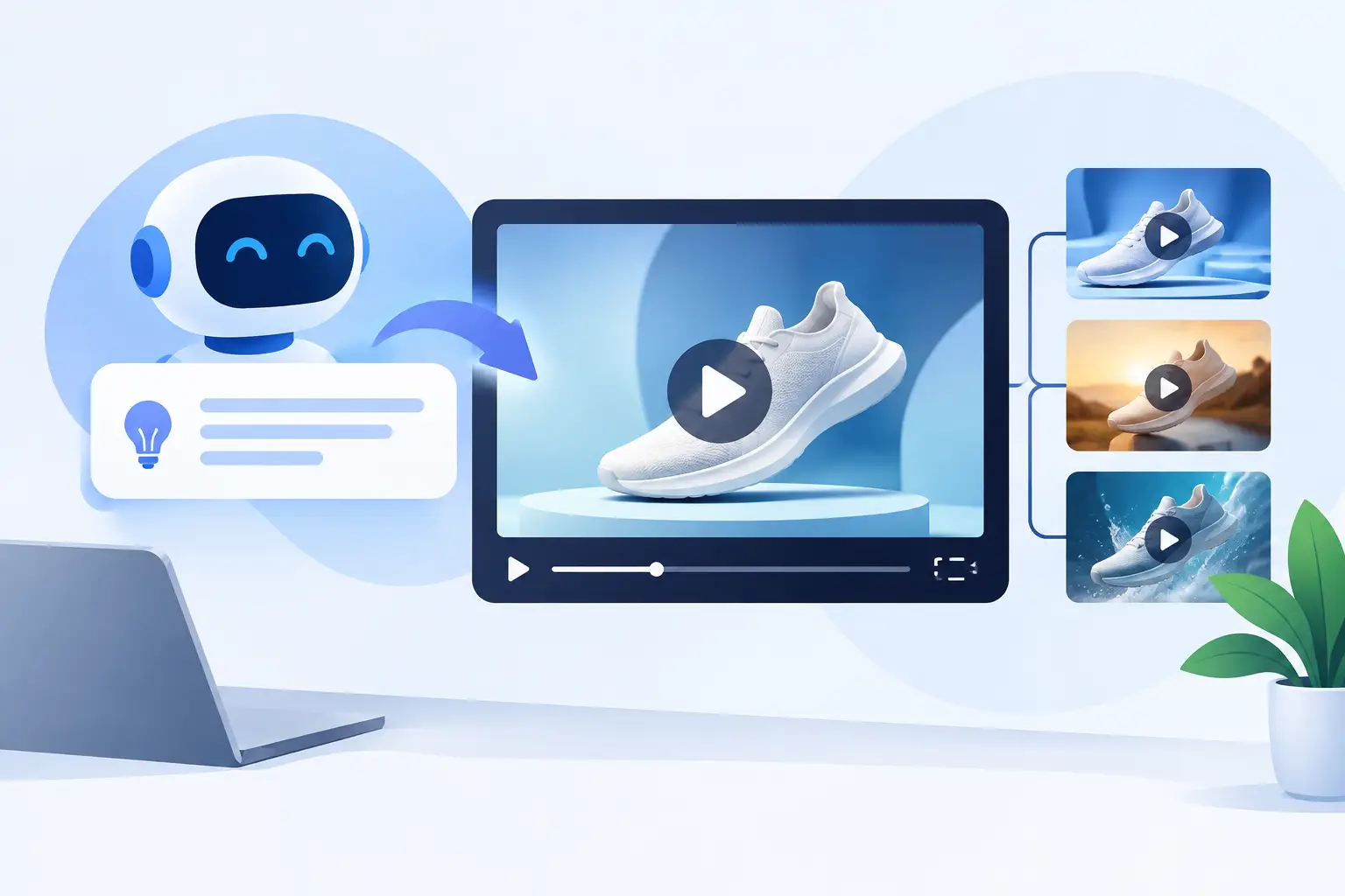 Illustration of an AI robot turning a written idea into a sneaker product video, which then branches into three styled variations