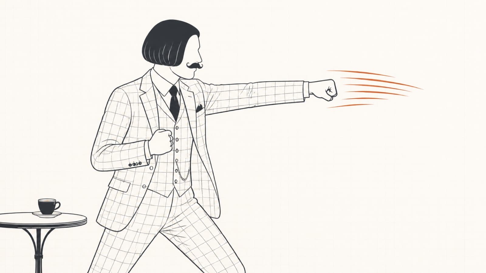 Minimalist illustration of a suited figure with a bob haircut and curled mustache throwing a punch beside an espresso cup, representing the viral Jean Phil AI character