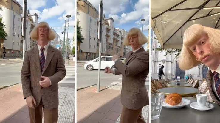 Three stills from Jean Phil videos: standing on a street in a brown houndstooth suit, mid shadow-boxing punch on the same street, and sitting at a cafe terrace with a croissant and an espresso