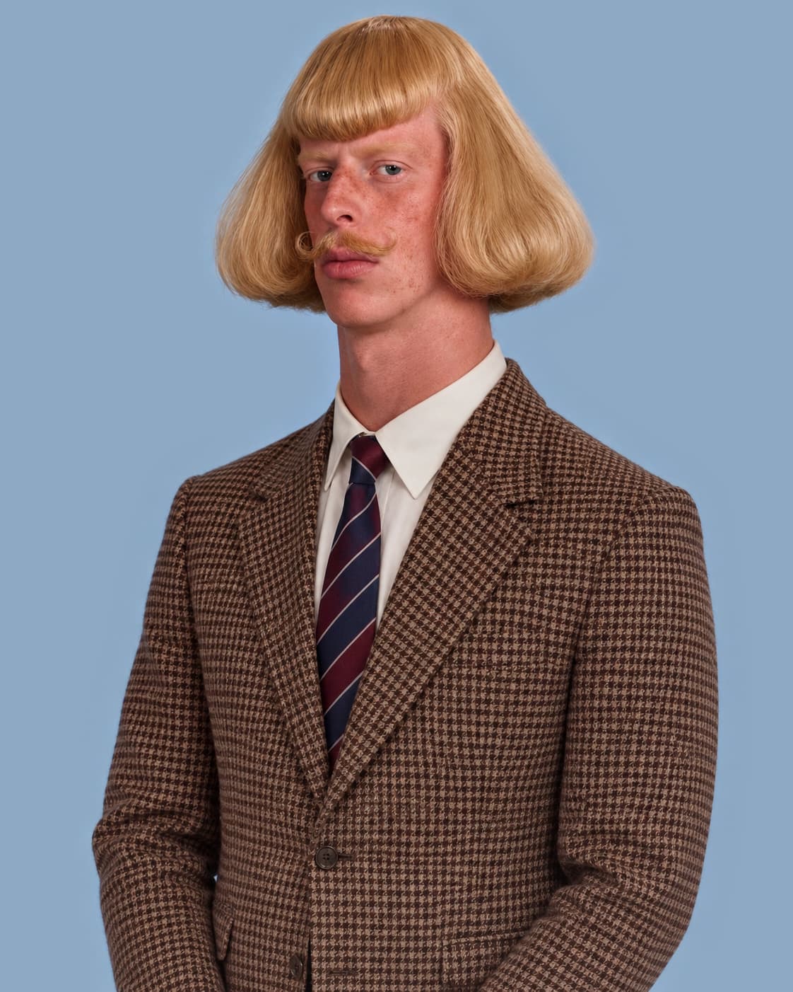 Portrait of the Jean Phil character against a pale blue backdrop: blonde pageboy bob, tightly curled blonde mustache, freckles, brown houndstooth jacket and a striped burgundy tie