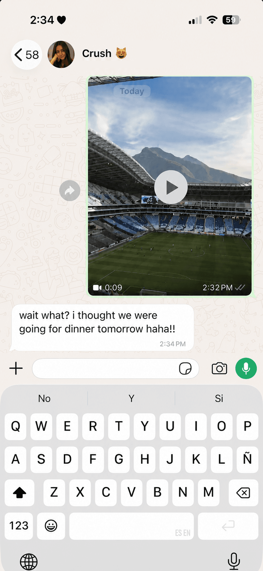 A friend replying to an AI-generated stadium video with: wait what? i thought we were going for dinner tomorrow haha!!
