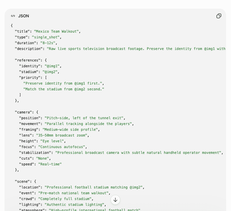 Screenshot of a generated JSON video prompt titled Mexico Team Walkout, with references to @img1 identity and @img2 stadium, a priority block, camera settings, and scene details.