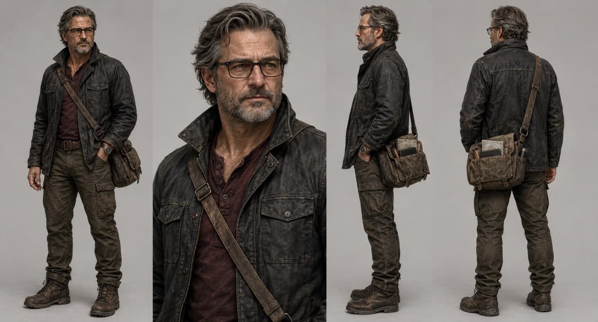 A character reference sheet: the same man shown front, close-up, side and back