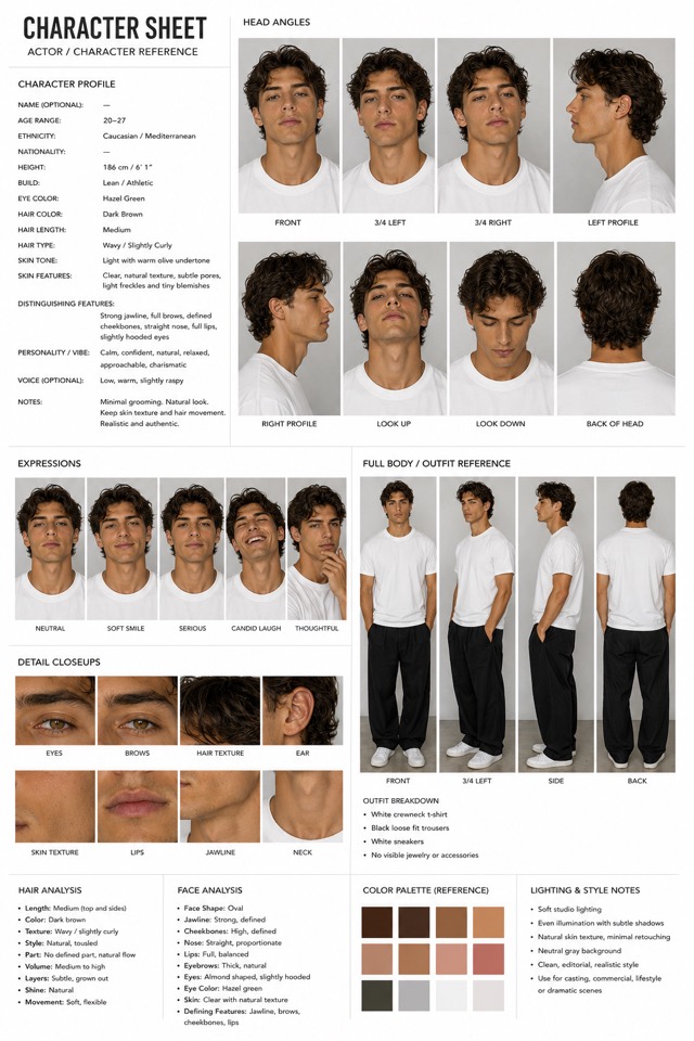 Luca, Casting Model character sheet