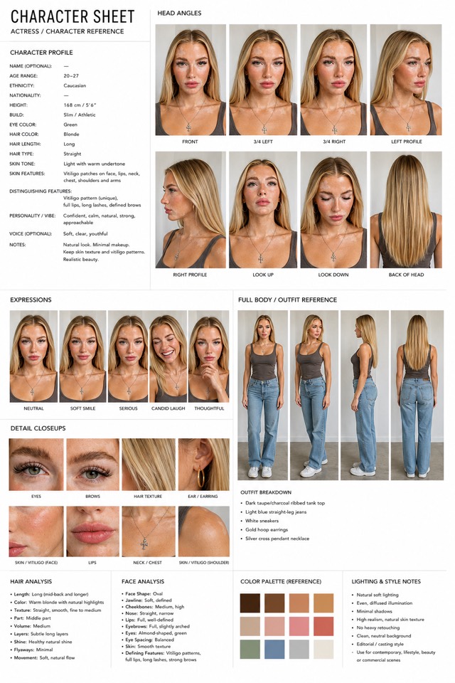 Nora, Editorial Model character sheet