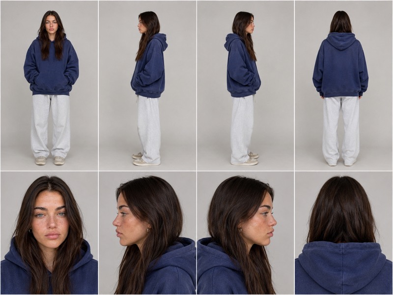 Four-Column Grid example: AI character reference sheet layout