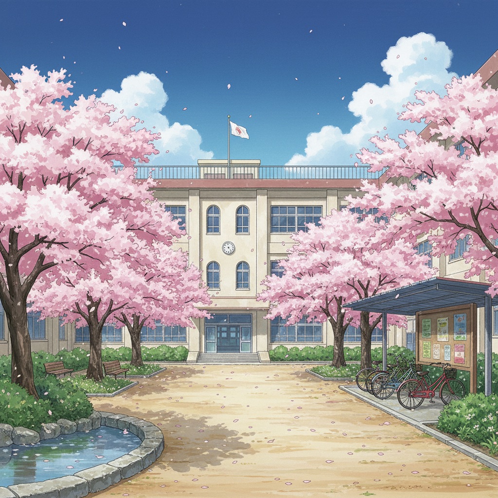 Anime Schoolyard AI scene reference: Slice-of-life openings, confession scenes, and cherry blossom montages.