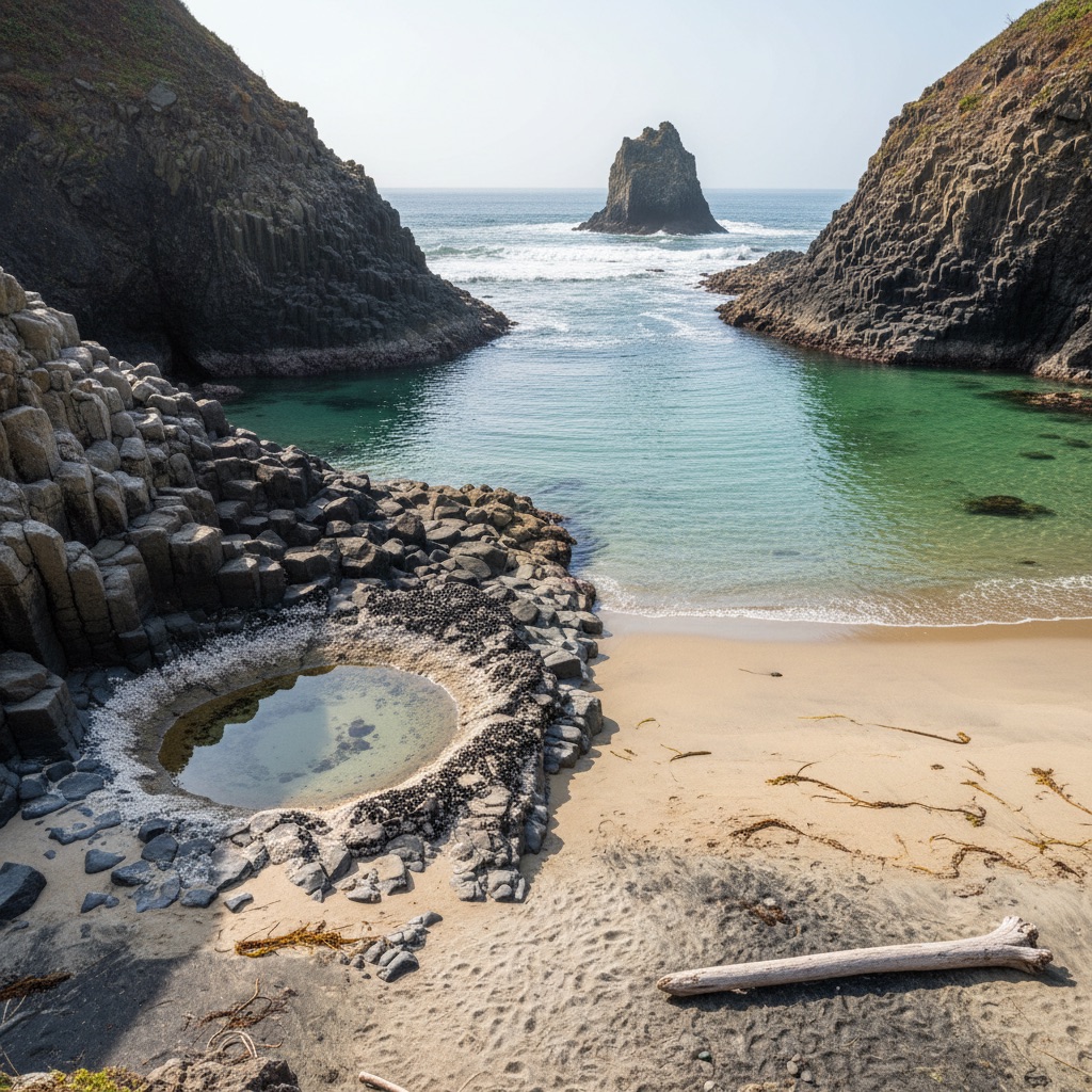 Beach Cove AI scene reference: Intimate shoreline for tidepool close-ups and gentle wave loops.