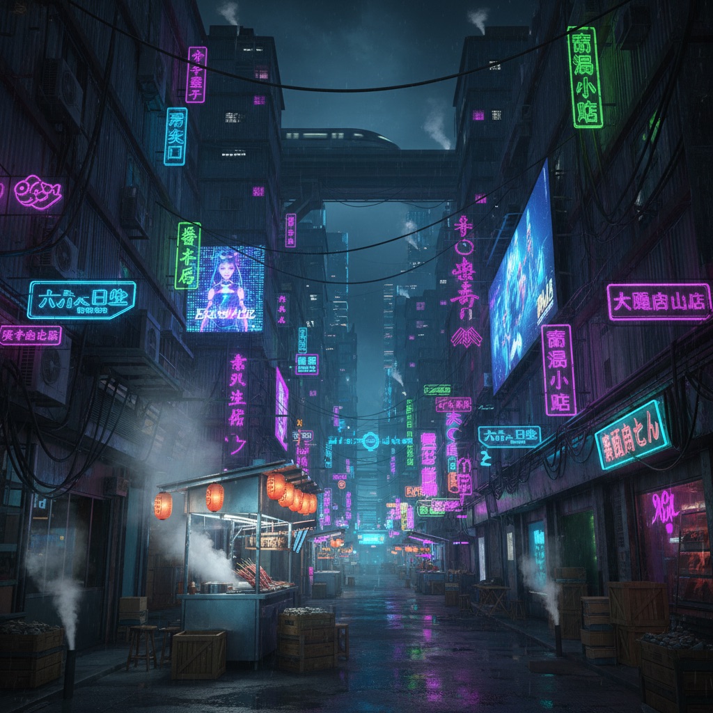 Cyberpunk Market AI scene reference: Neon street interviews, techwear b-roll, and dystopian product drops.