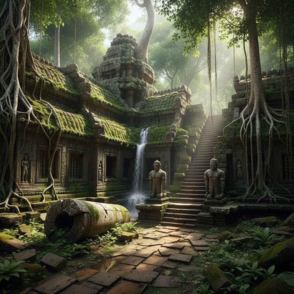 Jungle Ruins AI scene reference: Adventure reveals and exploration sequences deep in overgrown temple stone.