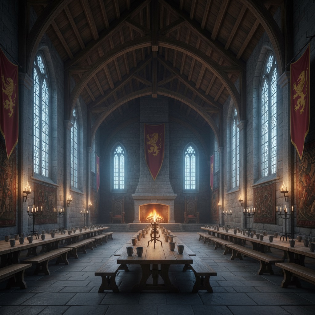 Medieval Castle Hall AI scene reference: Throne rooms, feasts, and fantasy dialogue under torchlight and banners.