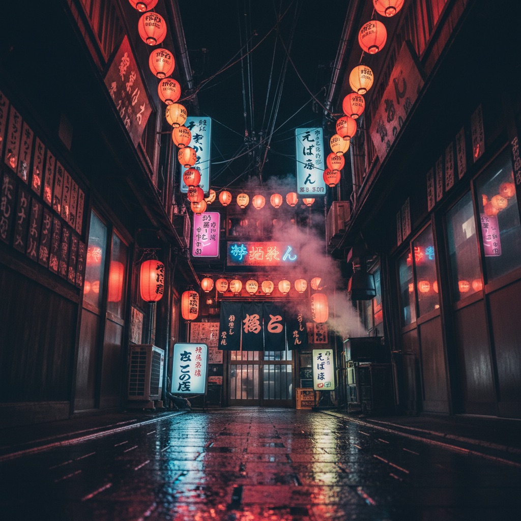 Neon Tokyo Alley AI scene reference: Saturated neon nightlife for cyberpunk moods, food shots, and character reveals.