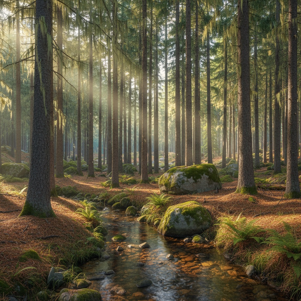 Pine Forest AI scene reference: Tall northern timber for moody, layered atmospheric shots.