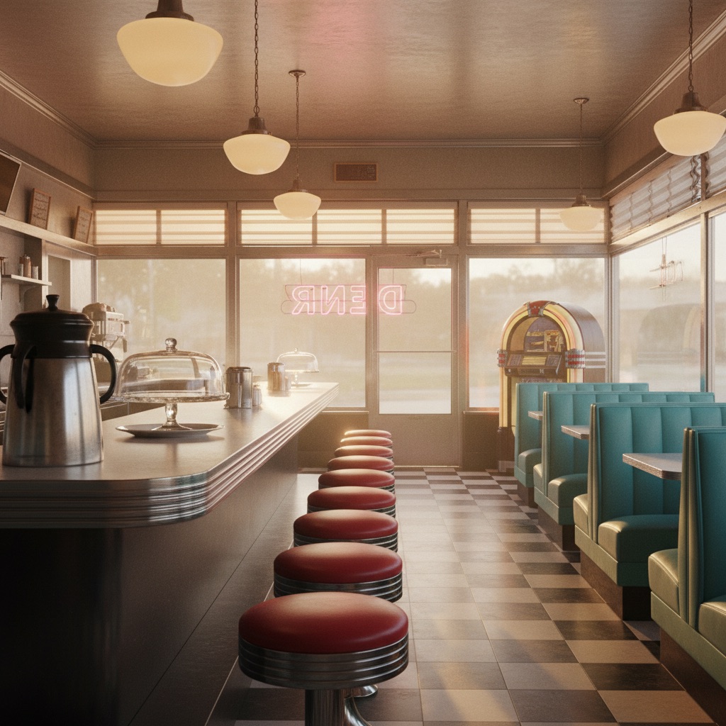 Retro Diner AI scene reference: Chrome, neon, and vinyl for retro dialogue and music-video clips.