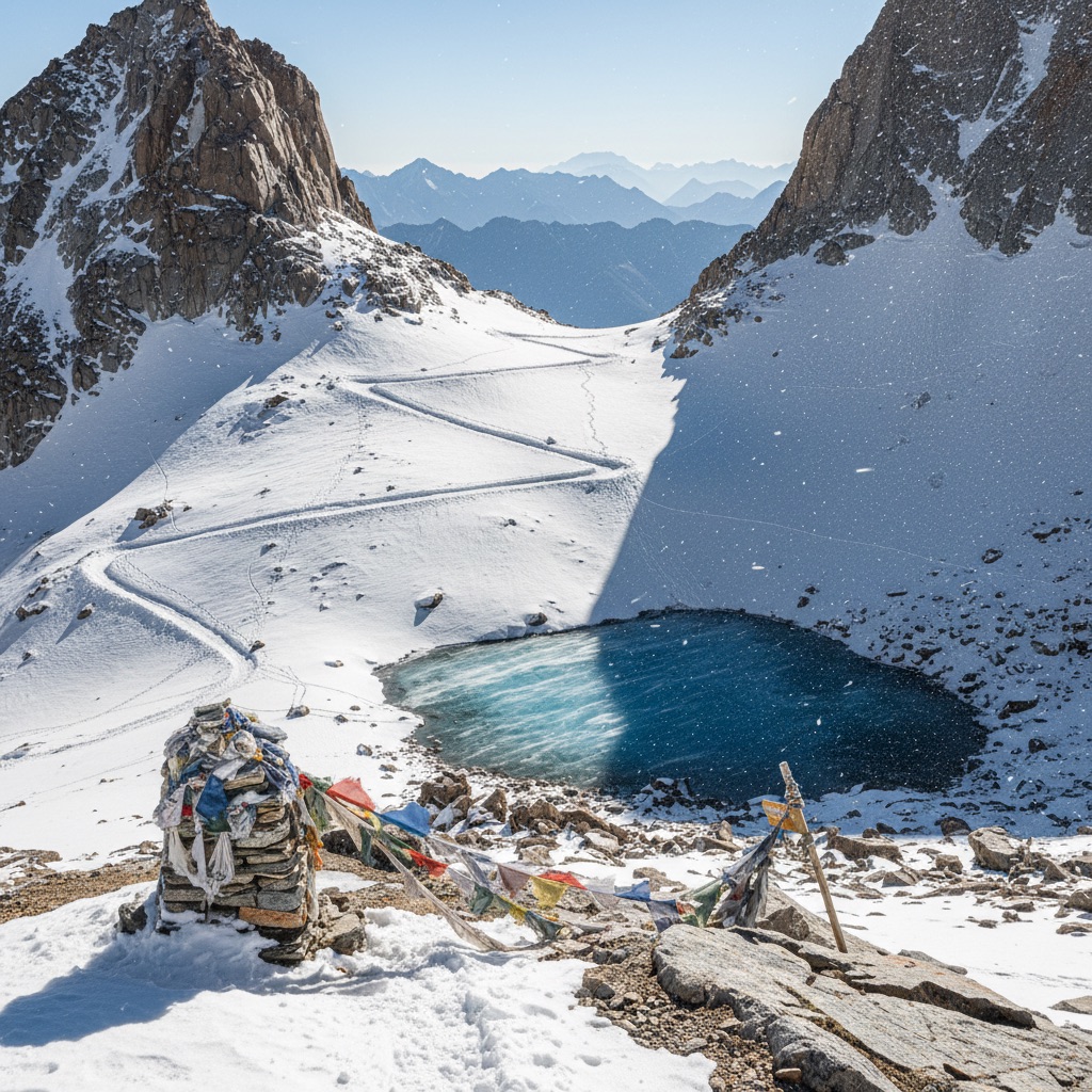 Snowy Mountain Pass AI scene reference: High alpine trail for epic journeys and endurance stories.