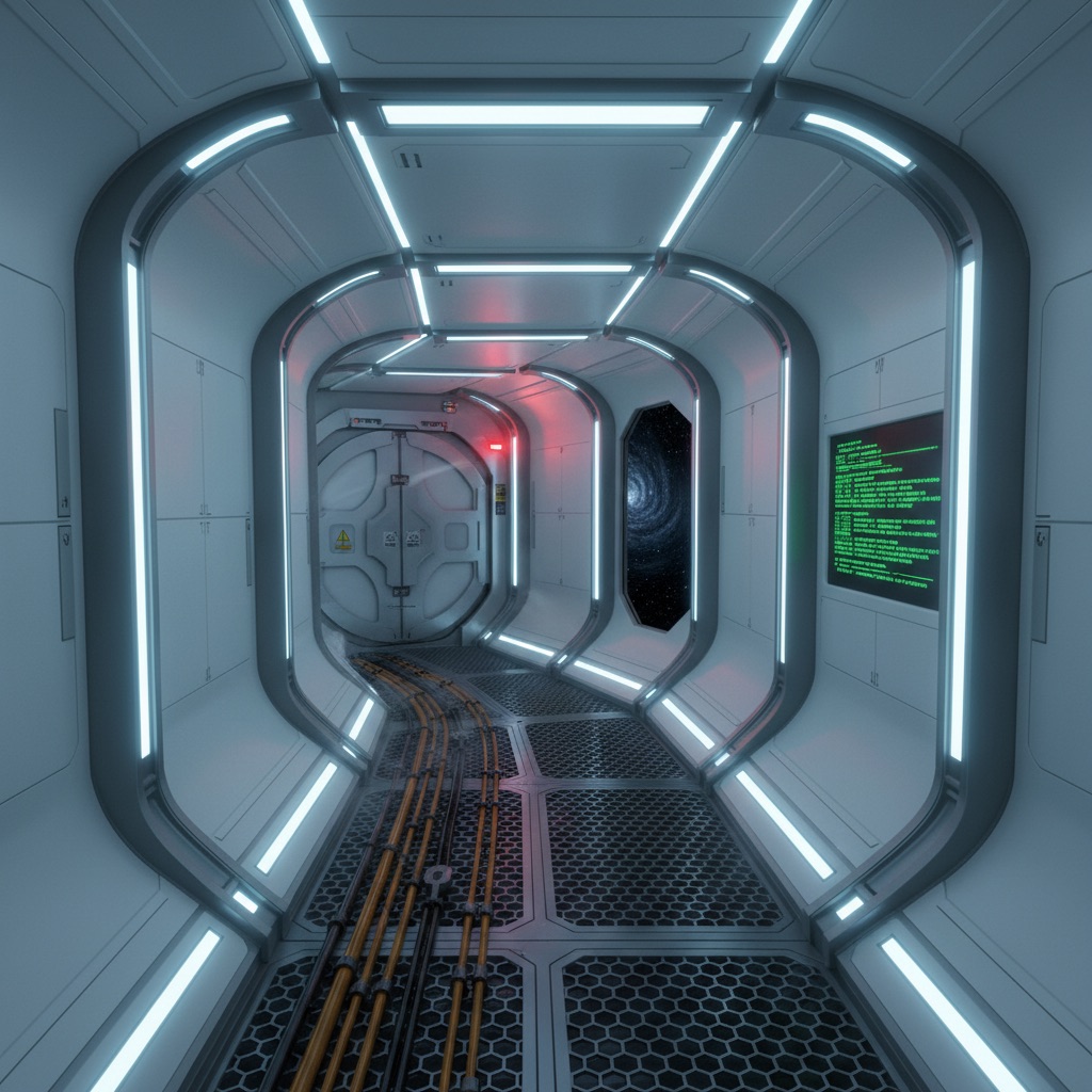 Space Station Corridor AI scene reference: Sci-fi walkthroughs, android reveals, and slow atmospheric establishing shots.