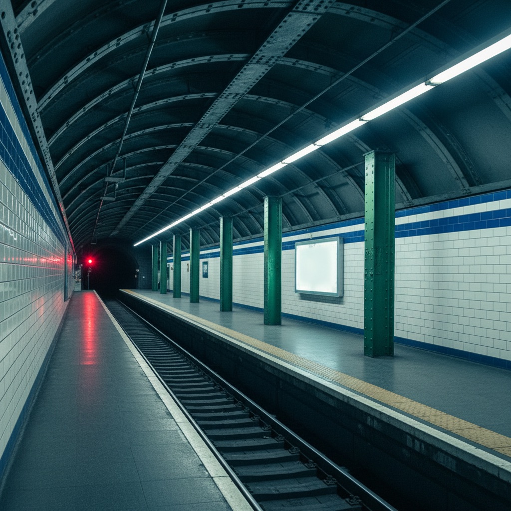 Subway Platform AI scene reference: Moody underground geometry for music visuals, dialogue, and cinematic b-roll.