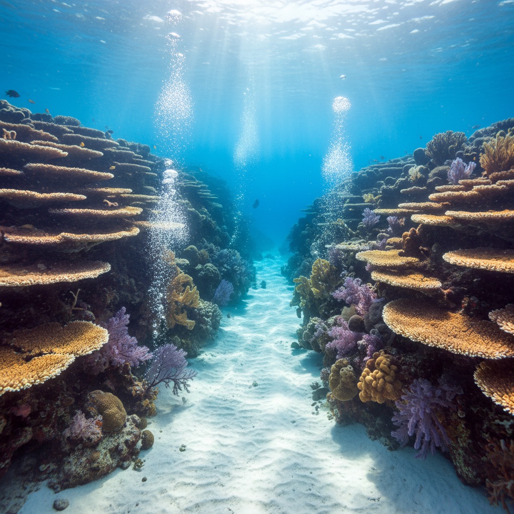Underwater Reef AI scene reference: Sunlit coral world for dreamlike, weightless underwater footage.
