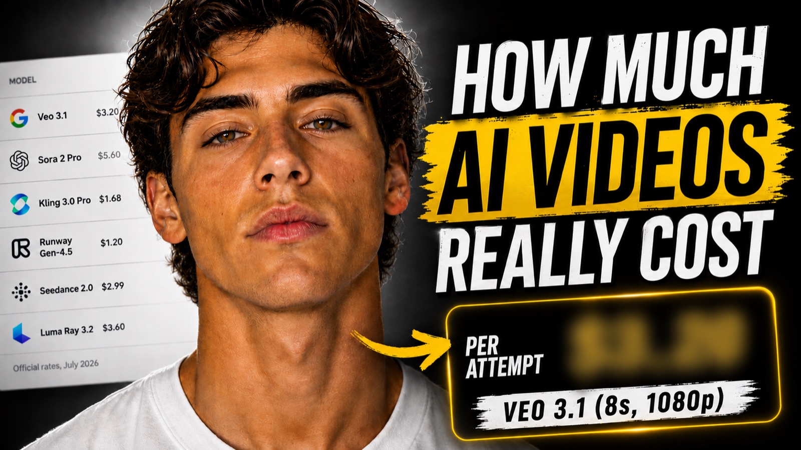 How much AI videos really cost: per-attempt prices for Veo 3.1, Sora 2 Pro, Kling 3.0, Runway Gen-4.5, Seedance 2.0 and Luma at official July 2026 rates